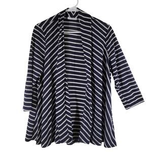 Susan Graver Open Front Cargian Womens Medium Navy Blue White